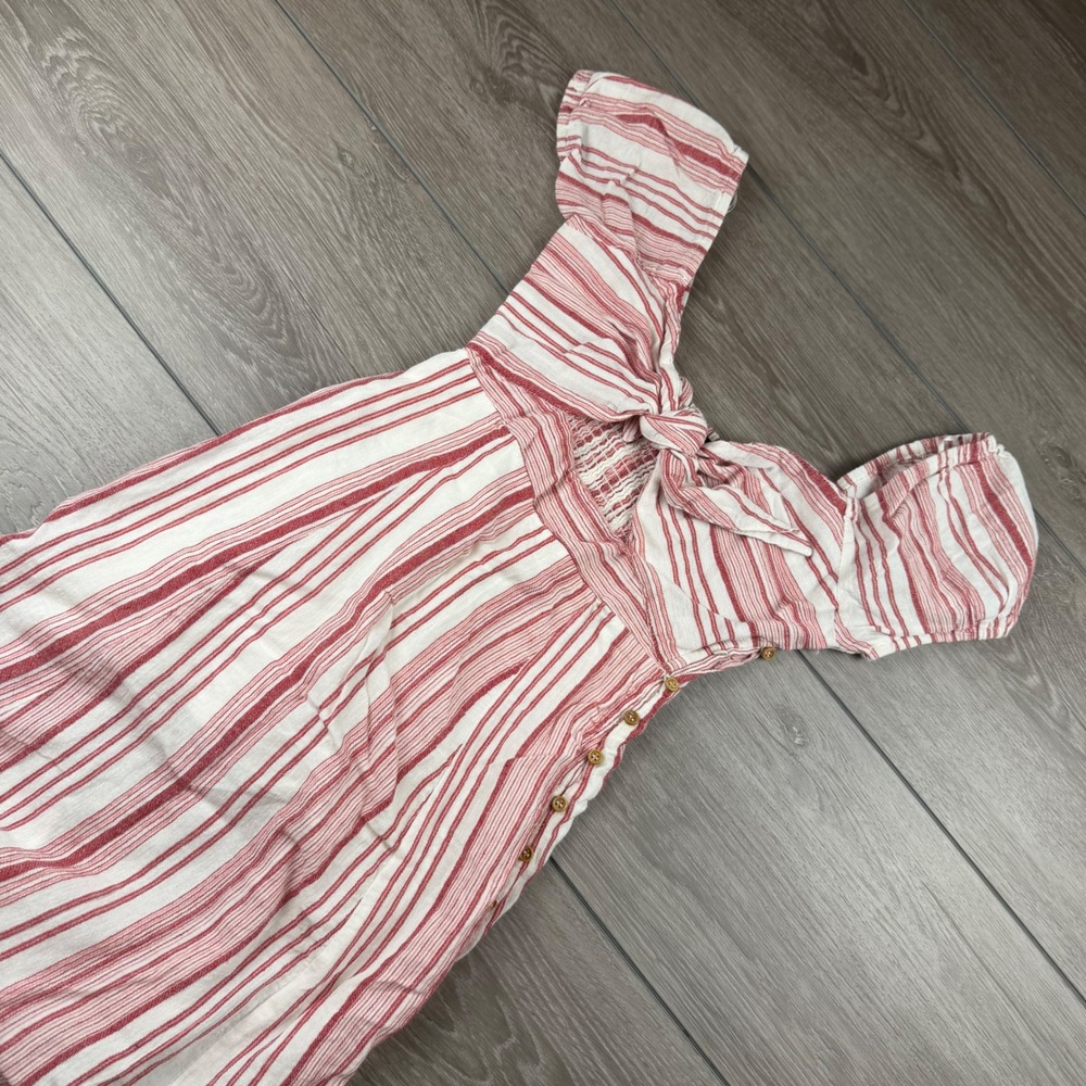 Kittenish Womens Midi Dress Striped Tie Front Button Side Red White Small